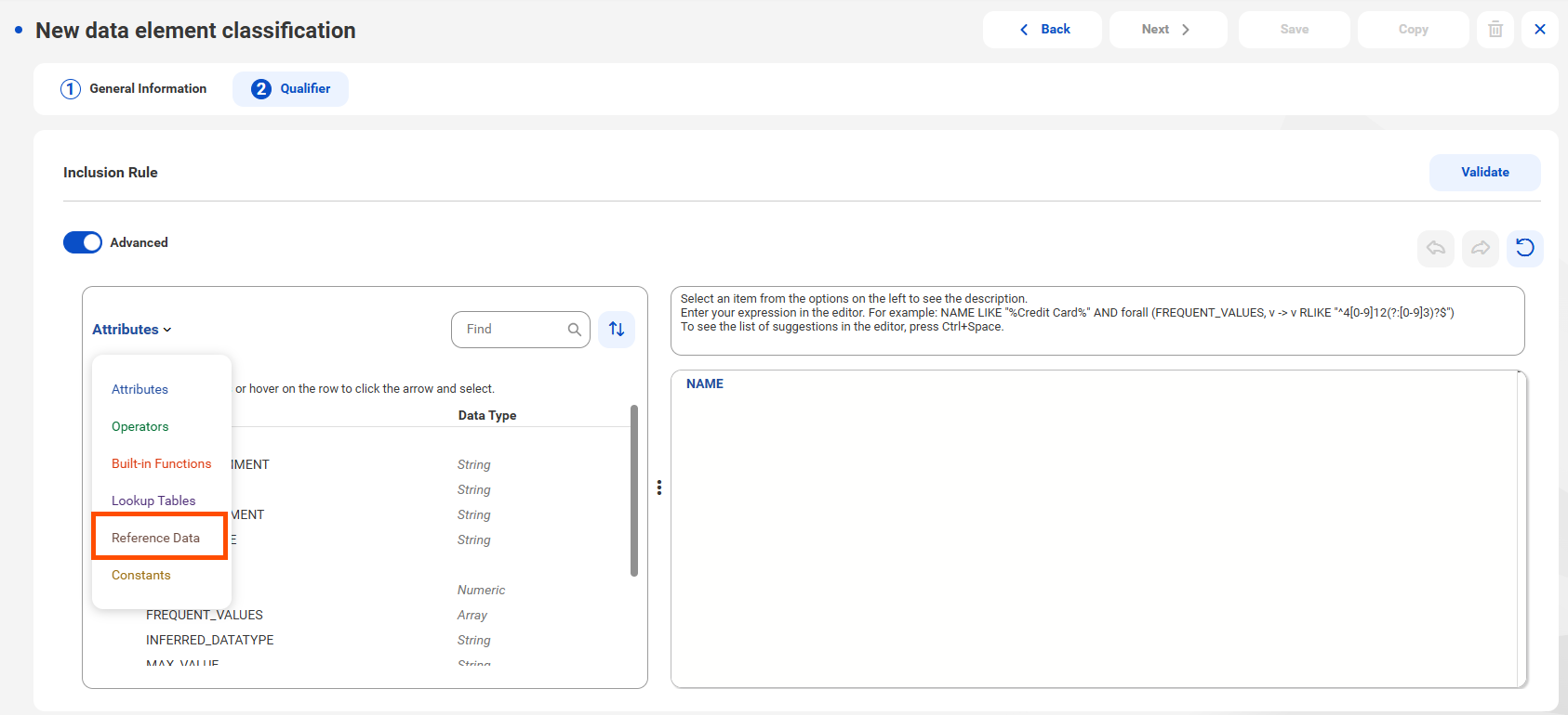 The New data element classification page shows the Inclusion Rule section with the Advanced toggle enabled. The Attributes drop-down displays options such as Attributes, Operators, Built-in Functions, Lookup Tables, Reference Data, and Constants. Reference Data is highlighted.
