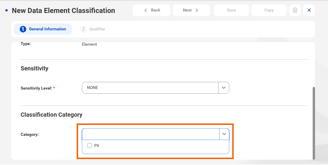 The menu for selecting categories for a data element classification.
