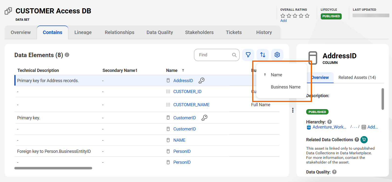 Image depicting sorting options for the Contains tab