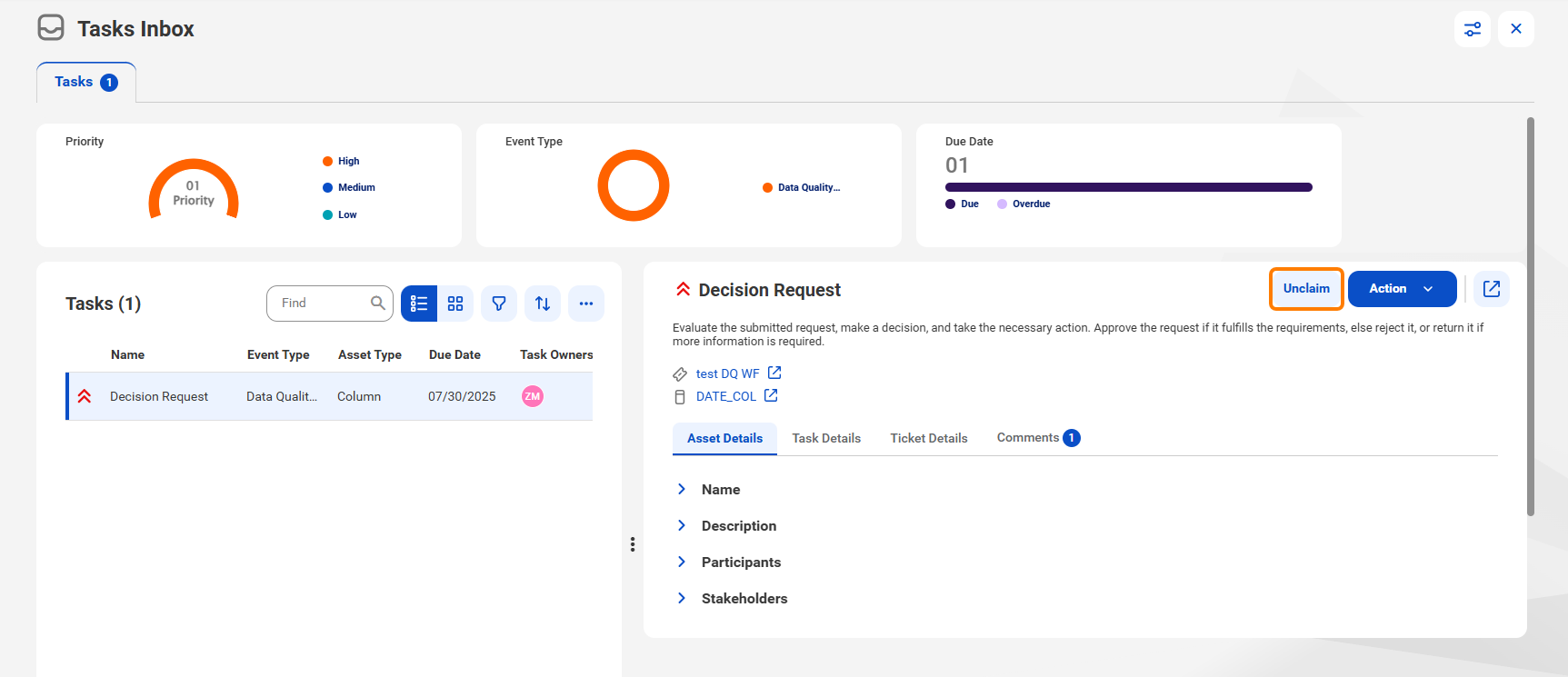 The Tasks tab on the Tasks Inbox page. The Asset Details tab is open for the selected task. The Unclaim button is highlighted.