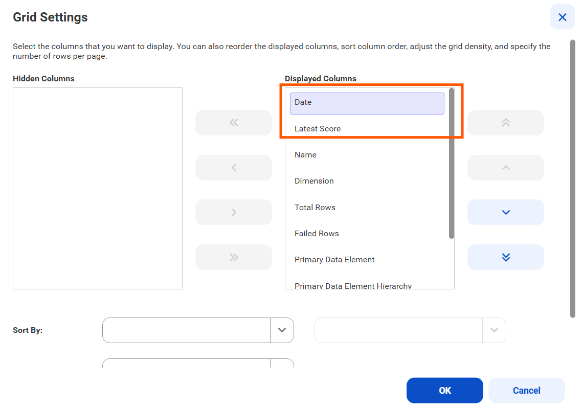 View the Latest Scores and Date options in the Grid settings of a Data Quality widget.