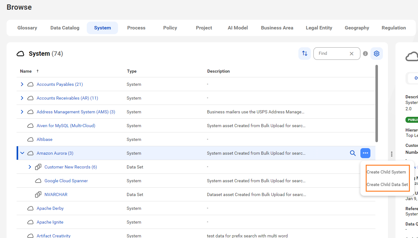 Image depicting the System assets tab on the Browse page with child assets expanded for one system asset.