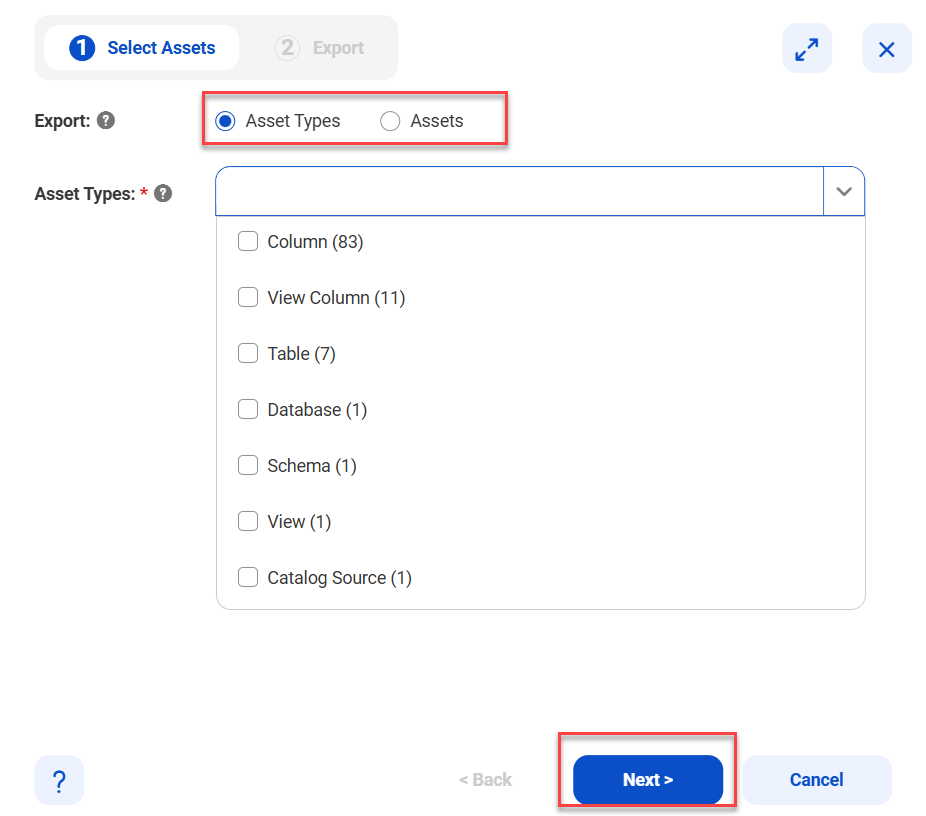 The image depicts the asset and asset type selection.