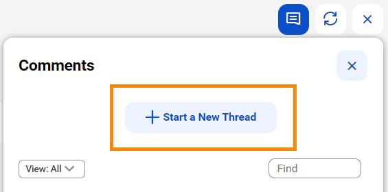 Image depicting the Comments dialog box. The option to start a new thread is highlighted.