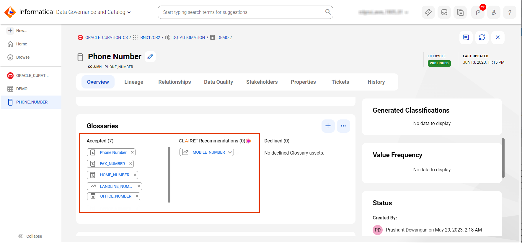 Image depicting the column asset page showing the automatically accepted and CLAIRE® recommended terms.