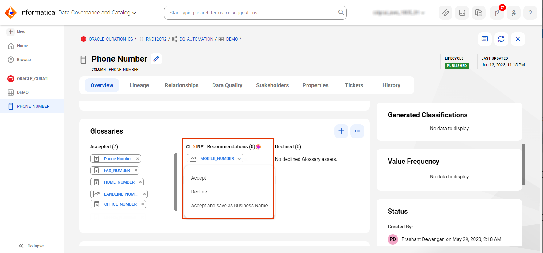 Image depicting the column asset page highlighting the CLAIRE® recommended term along with the three options for curating the term. The options are Accept, Decline, and Accept and save as Business Name.