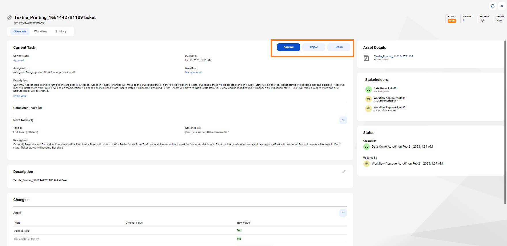 Image depicting the available options in the ticket workflow.