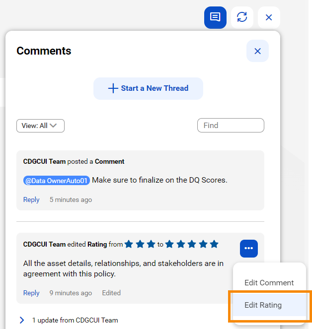 Image depicting the Comments dialog box. The Edit Rating option is highlighted.