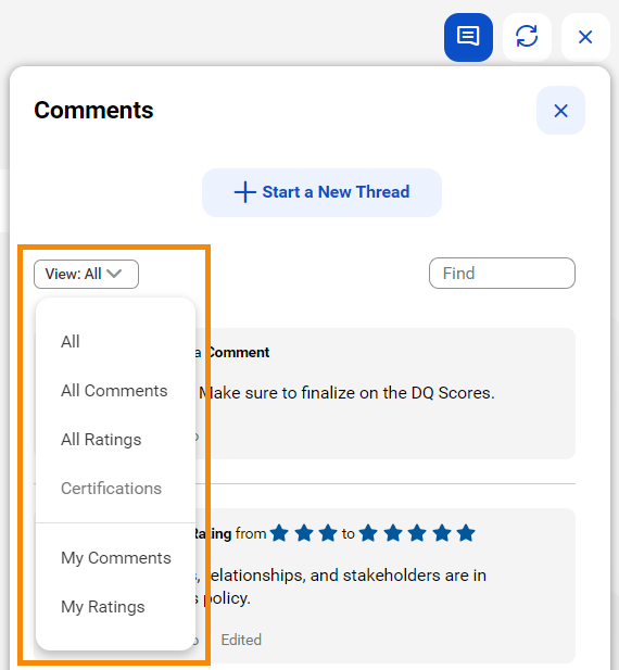 Image depicting the Comments dialog box option that allows you select the various types of comments that you can view.