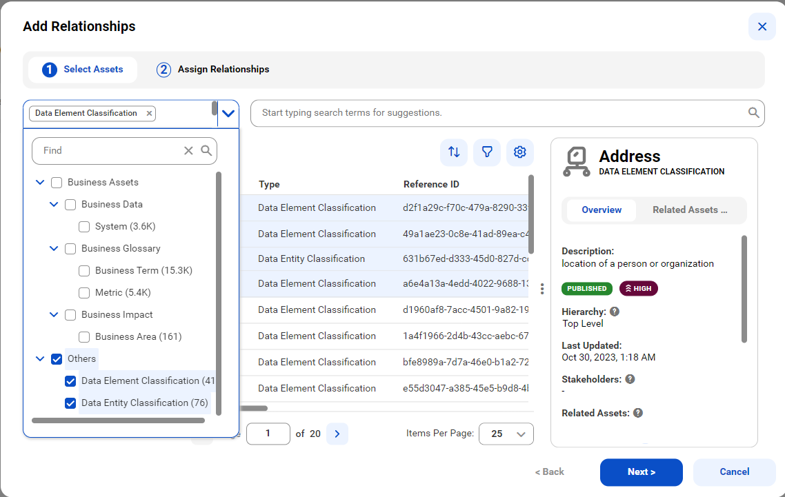 Image depicting the Data Element Classification and Data Entity Classification asset types in the Add Relationships wizard.