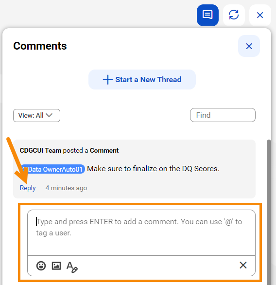 Image depicting the Comments dialog box. The field you can use to reply to a comment is highlighted.