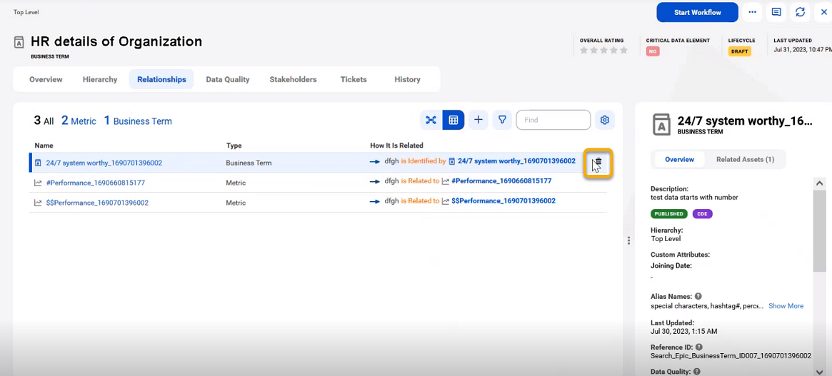 Image depicting the Delete icon on the grid view of the Relationships tab.