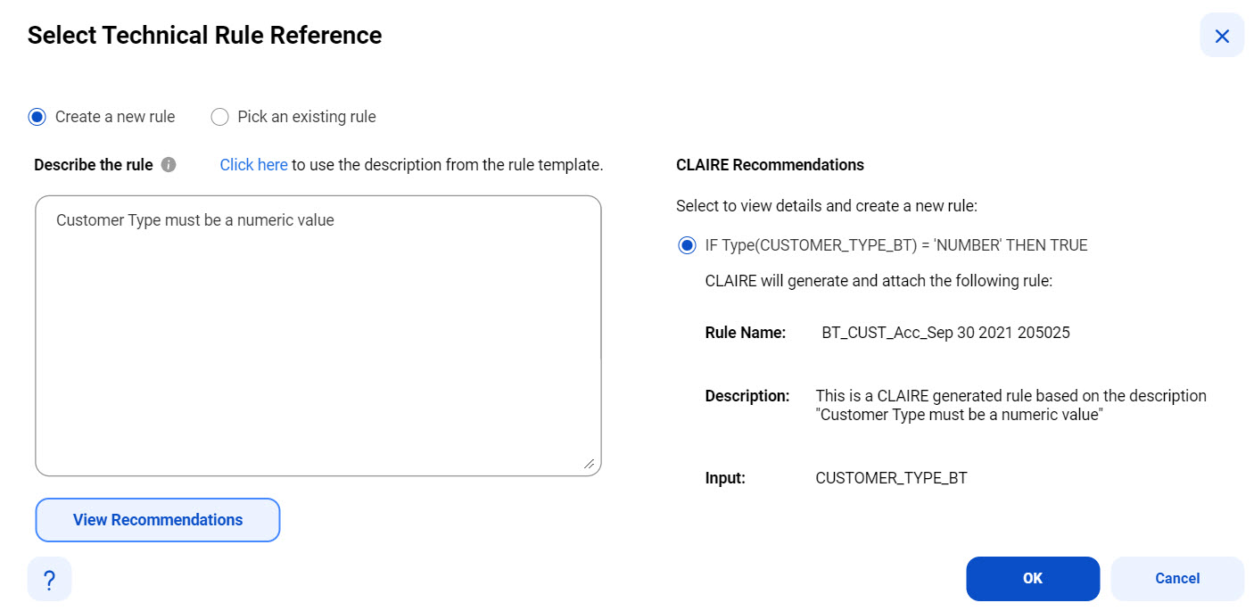 Image depicting an example description and the corresponding rule interpretation by CLAIRE®.