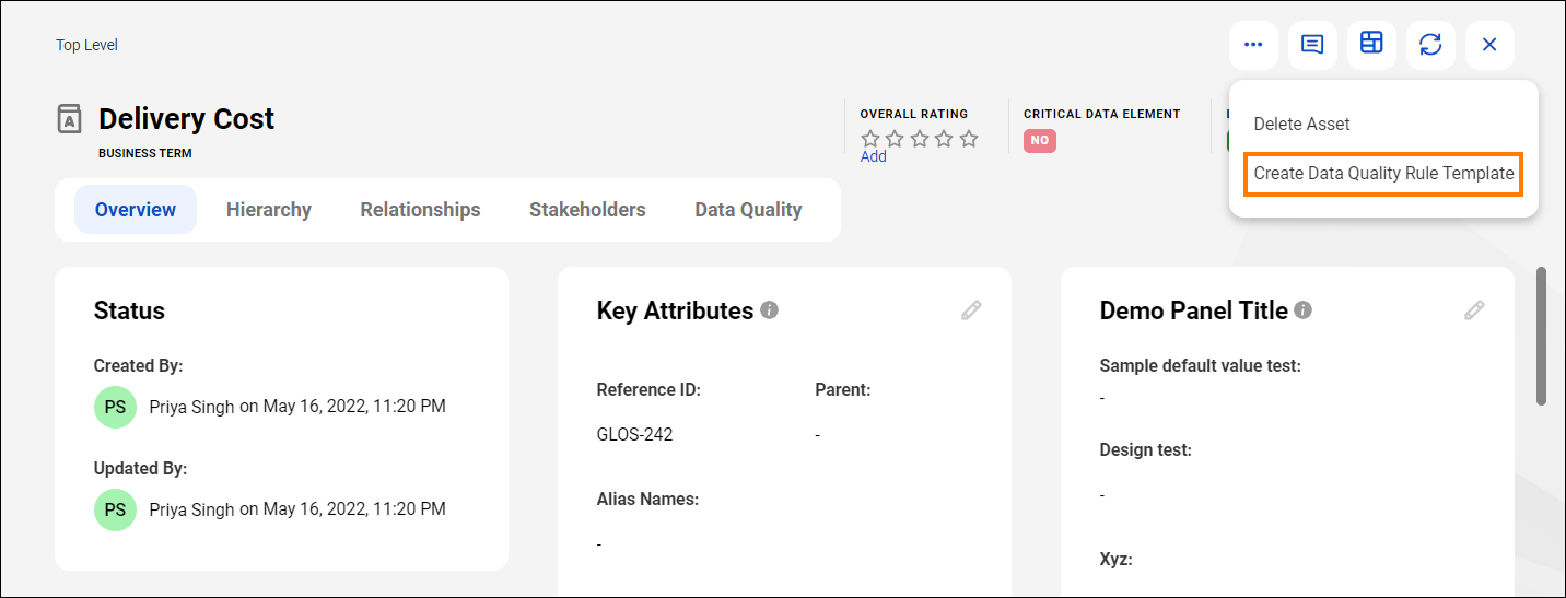 Image depicting the business term page highlighting the Create Data Quality Rule Template option on the Action menu.