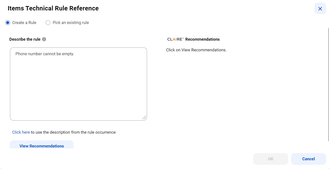 Image depicting the description and the corresponding rule interpretation by CLAIRE®.