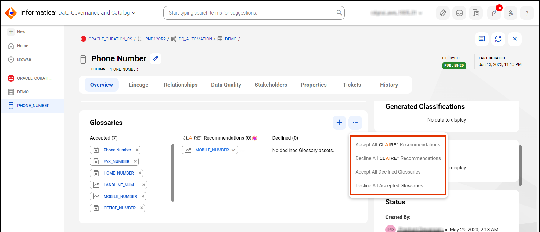 Image depicting the four options for bulk accepting or declining the glossary assets. The options are - Accept all CLAIRE® Recommendations, Decline all CLAIRE® Recommendations, Accept All Declined Glossaries, and Decline all Accepted Glossaries.