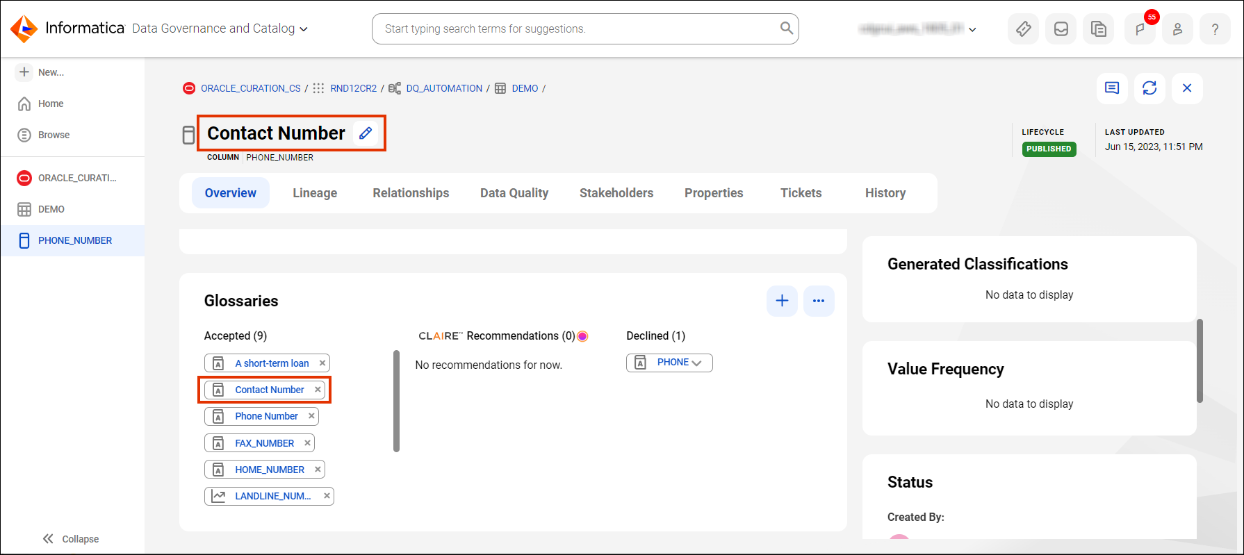 Image depicting the column asset page. The associated glossary 'Contact Number' appears as the business name of the column and in the section of the panel.AcceptedGlossaries