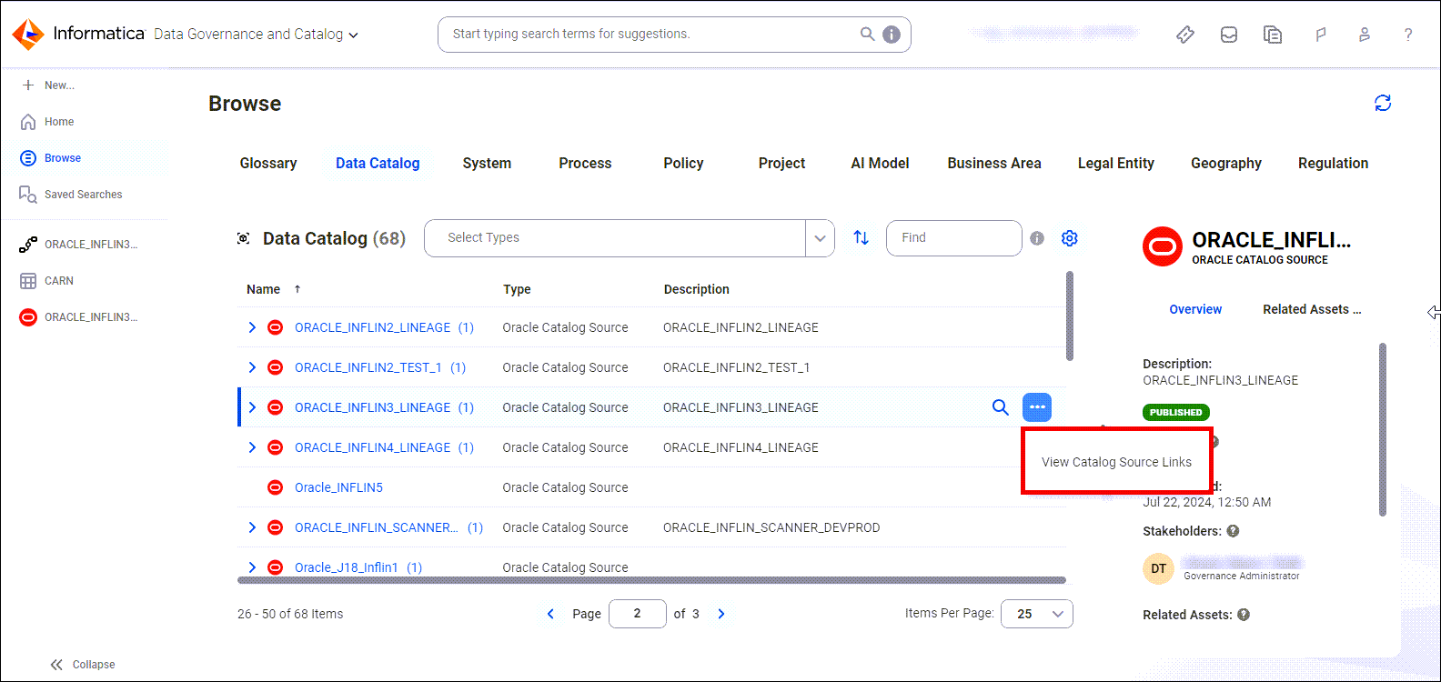 Image depicting the Browse tab with the View Catalog Source Links option highlighted on the Action menu of a catalog source