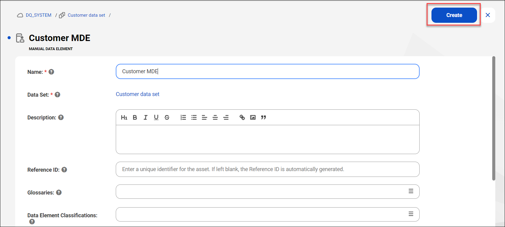 Image depicting the Create option of a manual data element.