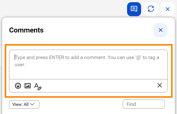 Image depicting the Comments dialog box. The field you can use to enter a comment is highlighted.