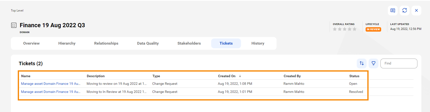 Image depicting the Tickets tab for an asset when you create a ticket for workflow approval.