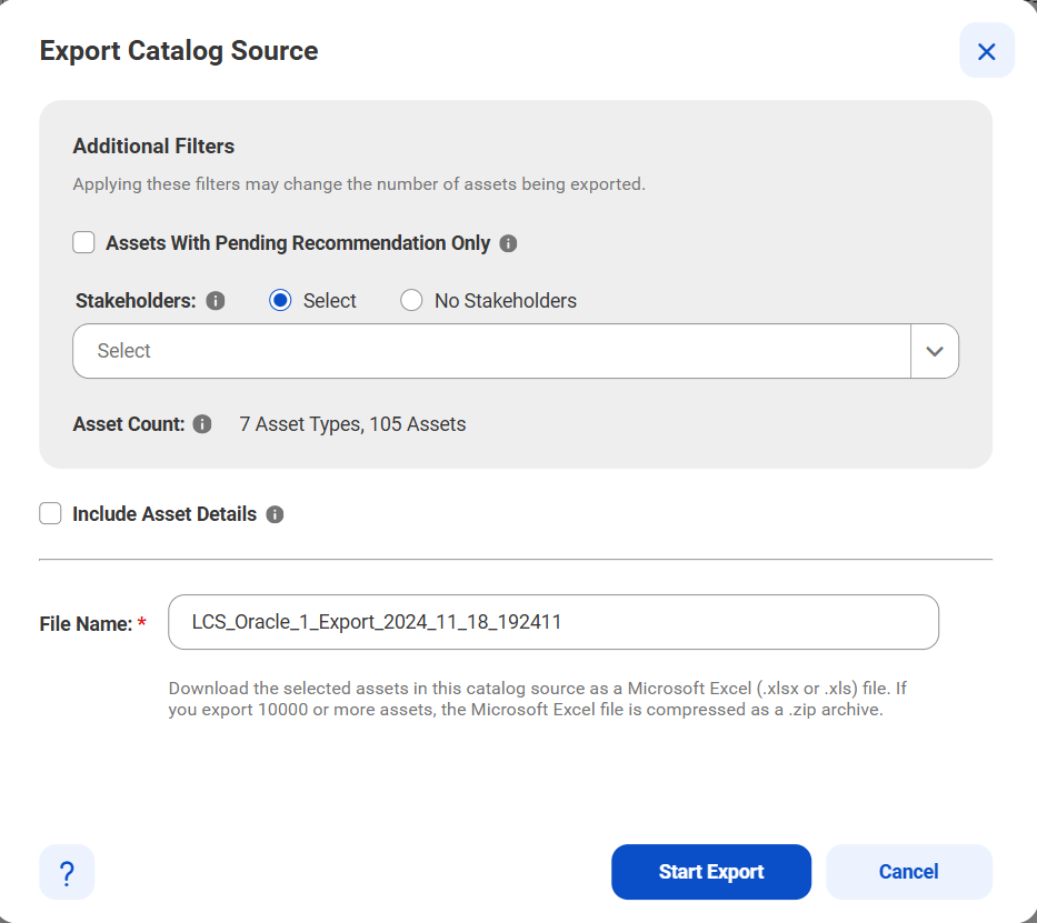 The image depicts the Export Catalog Source dialog box.