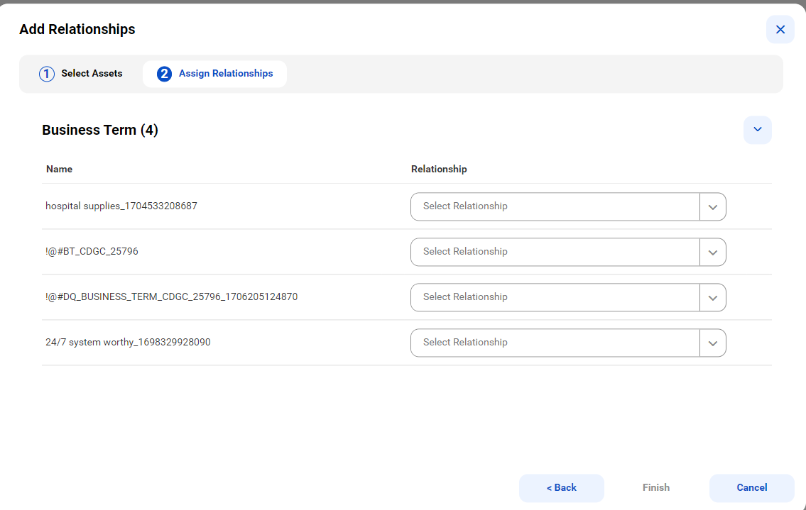 Image depicting the Assign Relationships step in the Add Relationships wizard.