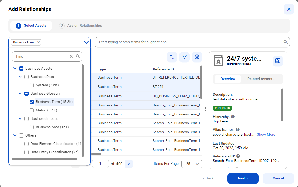 Image depicting the Select assets step in the Add Relationships wizard.