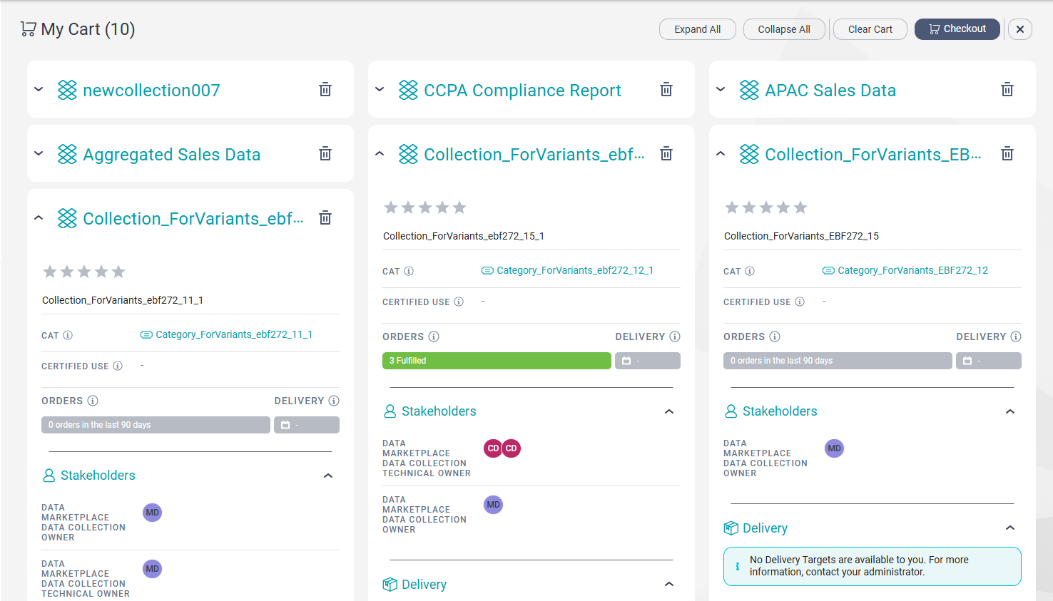 The My Cart page with 10 data collections in the cart. Some data collections are expanded while other sare collapsed.