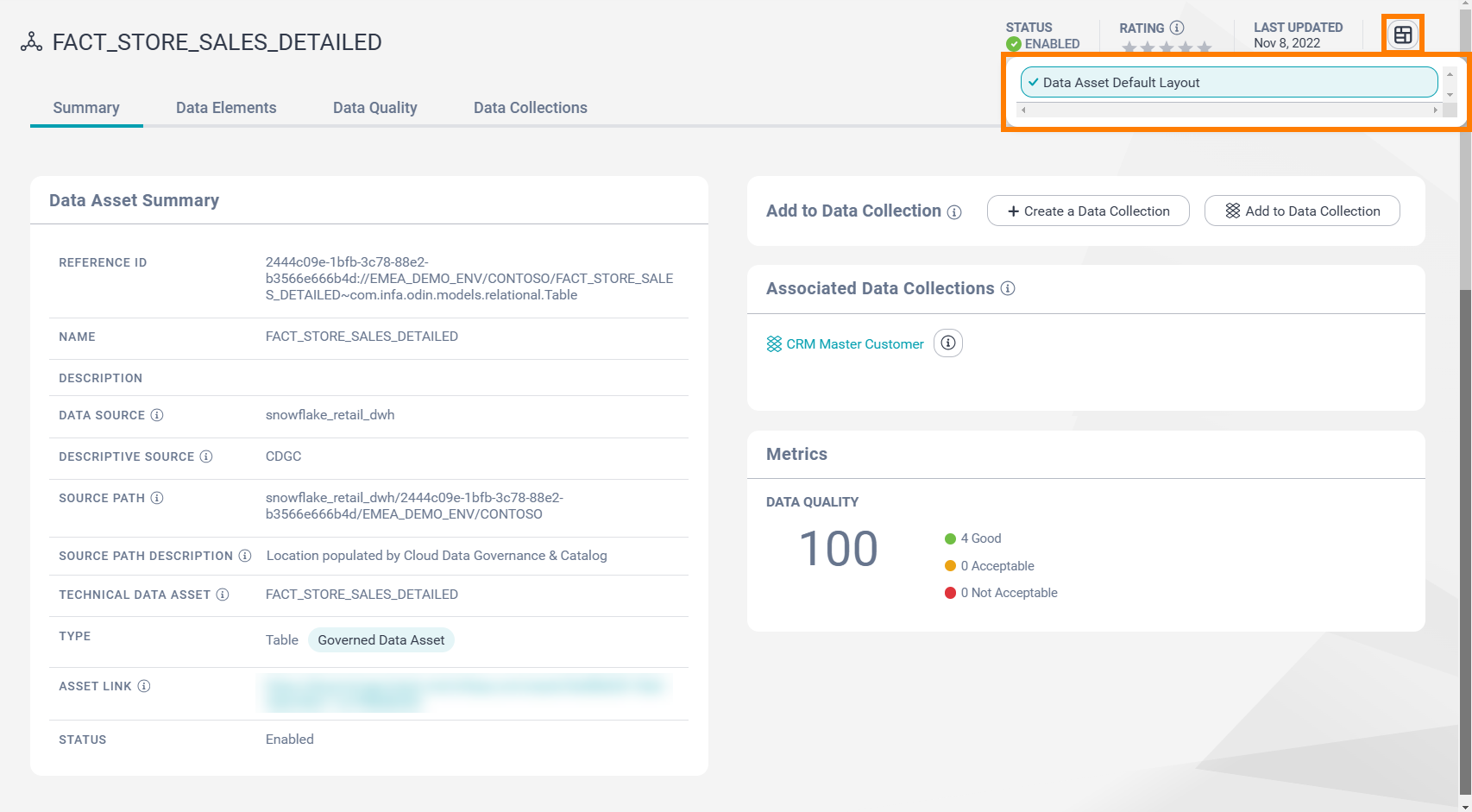 The Switch Layout menu is expanded for a data asset page. The default page layout is selected and is highlighted.