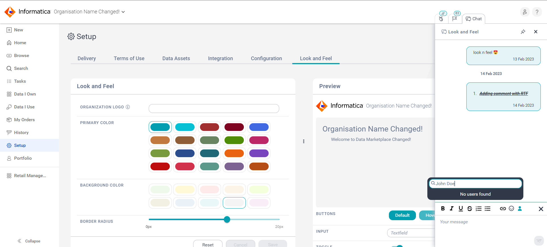 Image depicting the Chat panel on the Setup page.