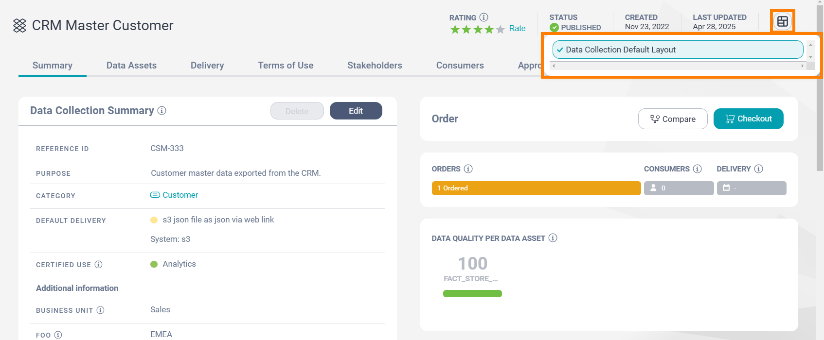 The Switch Layout menu is expanded for a data collection page. The default page layout is selected and is highlighted.