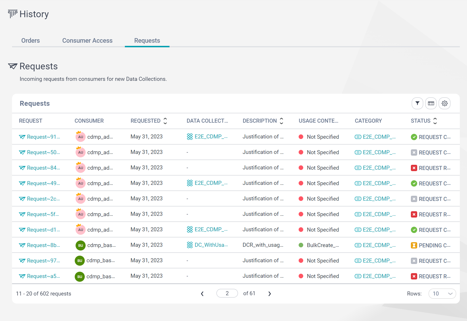 Image depicting the Requests tab on the History page.