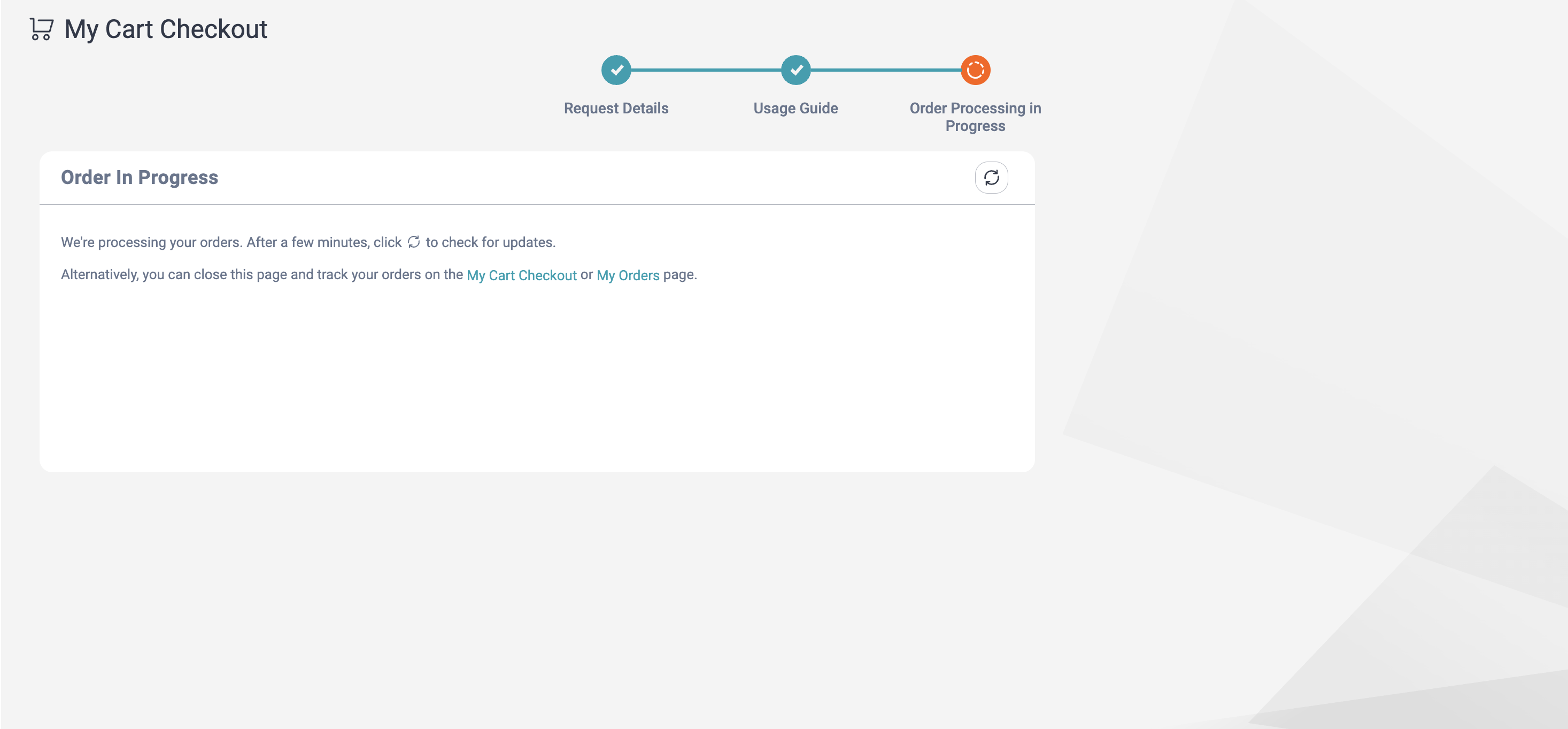 The Orders Placed stage of the Order Checkout wizard. Orders are being processed.