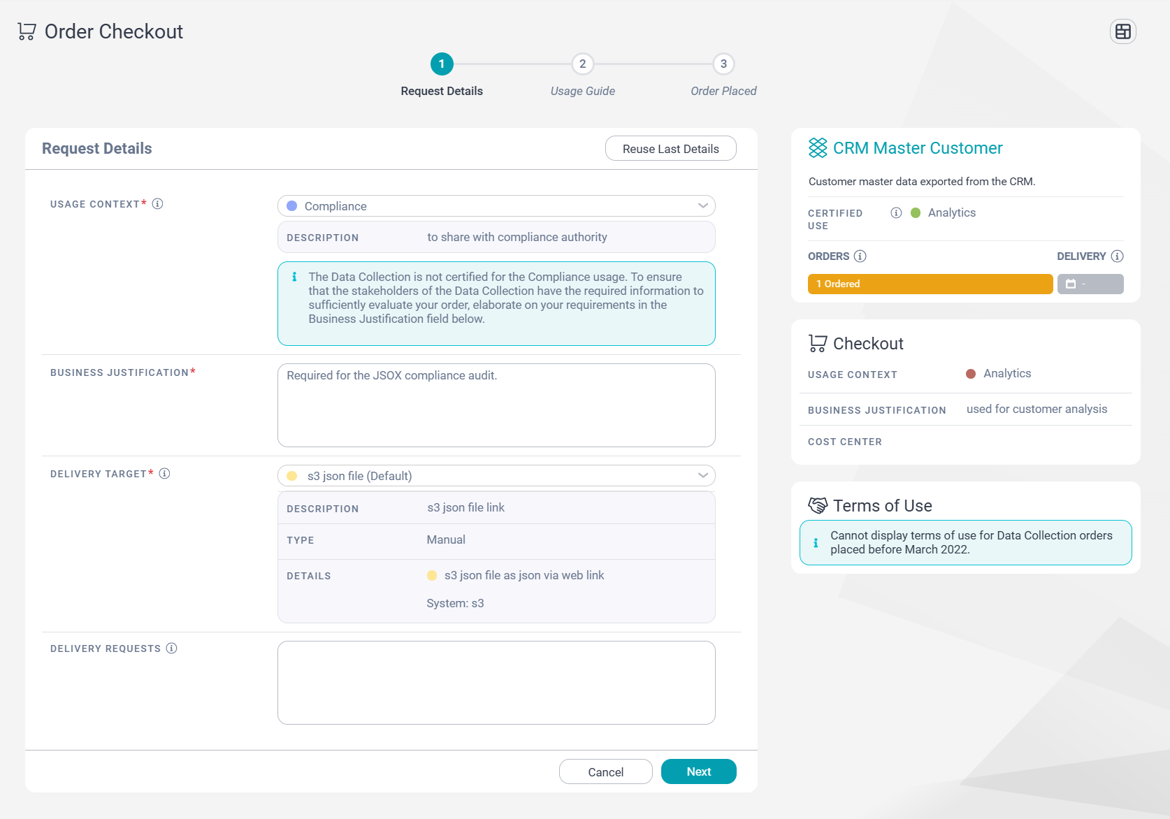 Image depicting the Request Details page of the Order Checkout wizard.