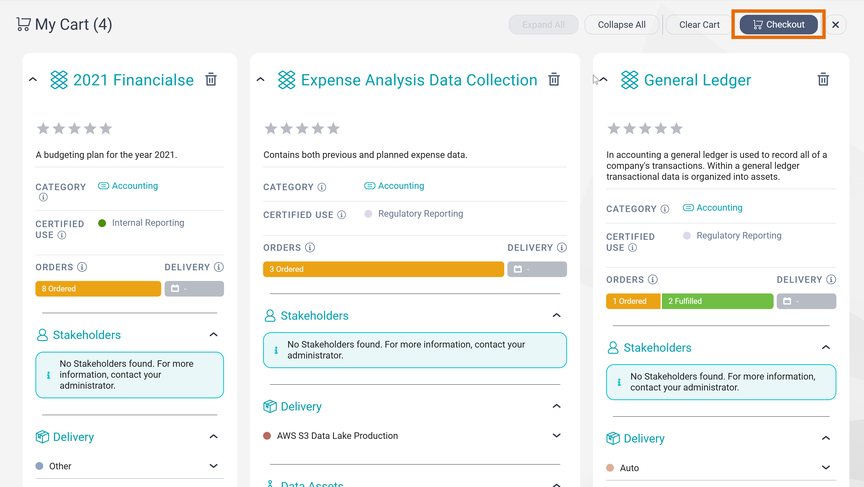 The My Cart page containing three data collections in the expanded view. The Checkout button is highlighted.