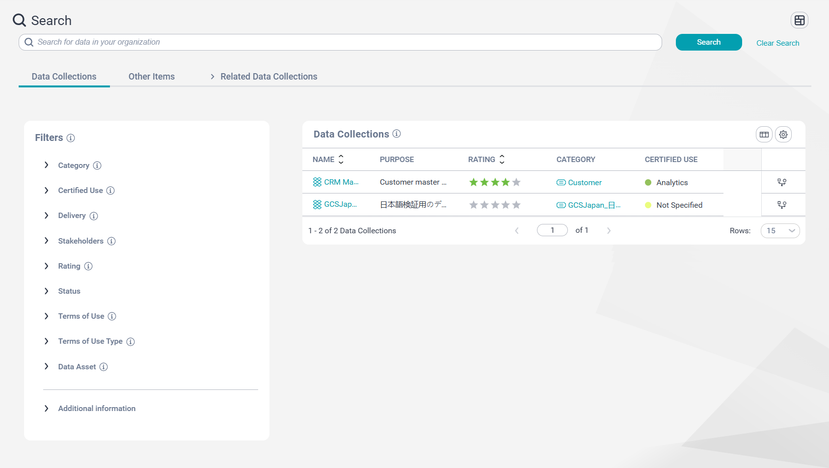 The Data Collections tab on the Search page.
