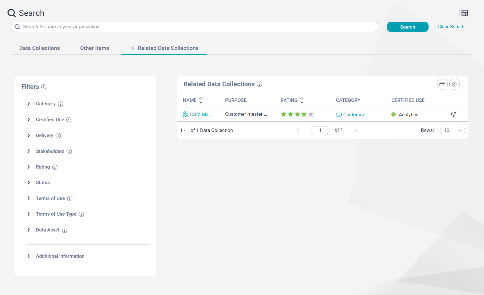 The Related Data Collections tab on the Search page. The tab displays one data collection that is associated with the items selected on the Other Items tab.