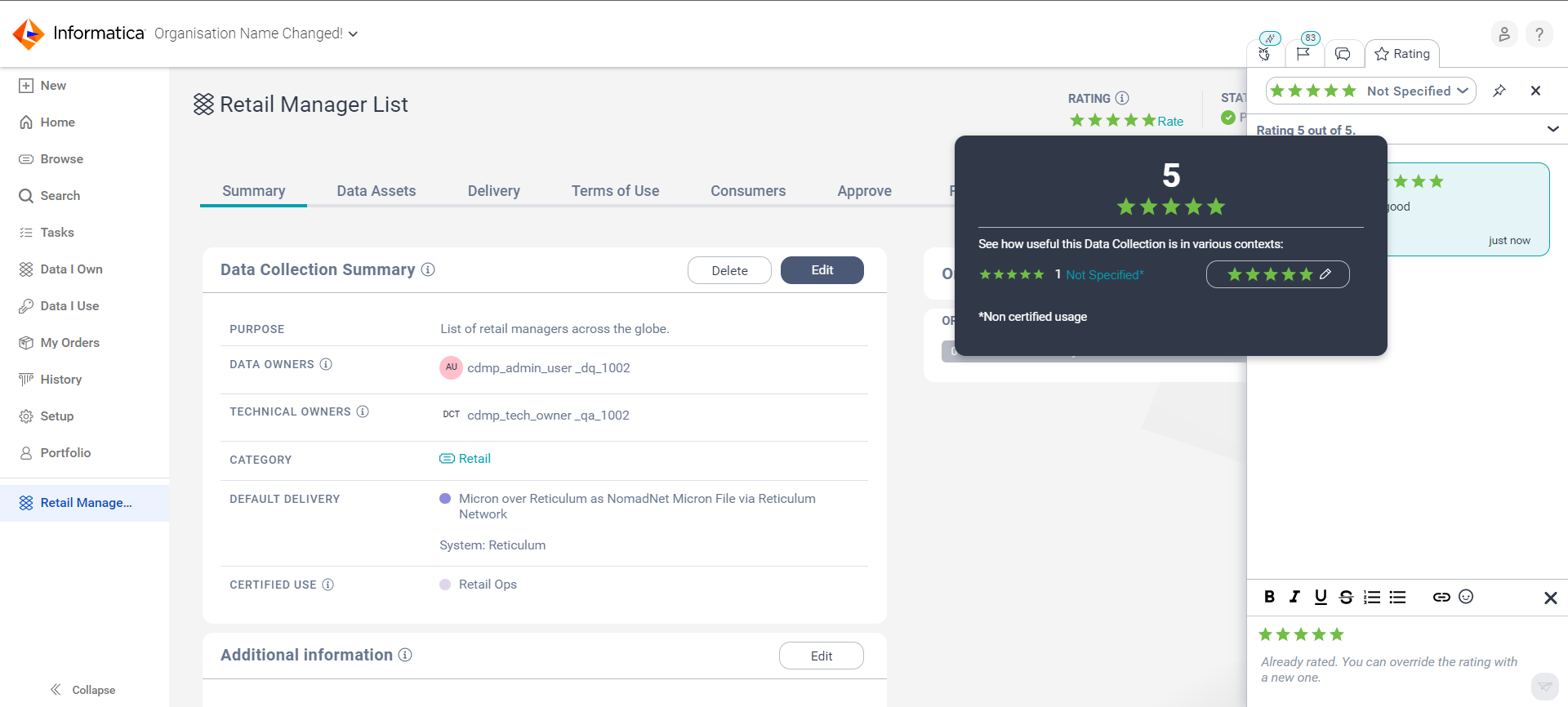 Image depicting a data collection page. You can view the ratings tooltip.