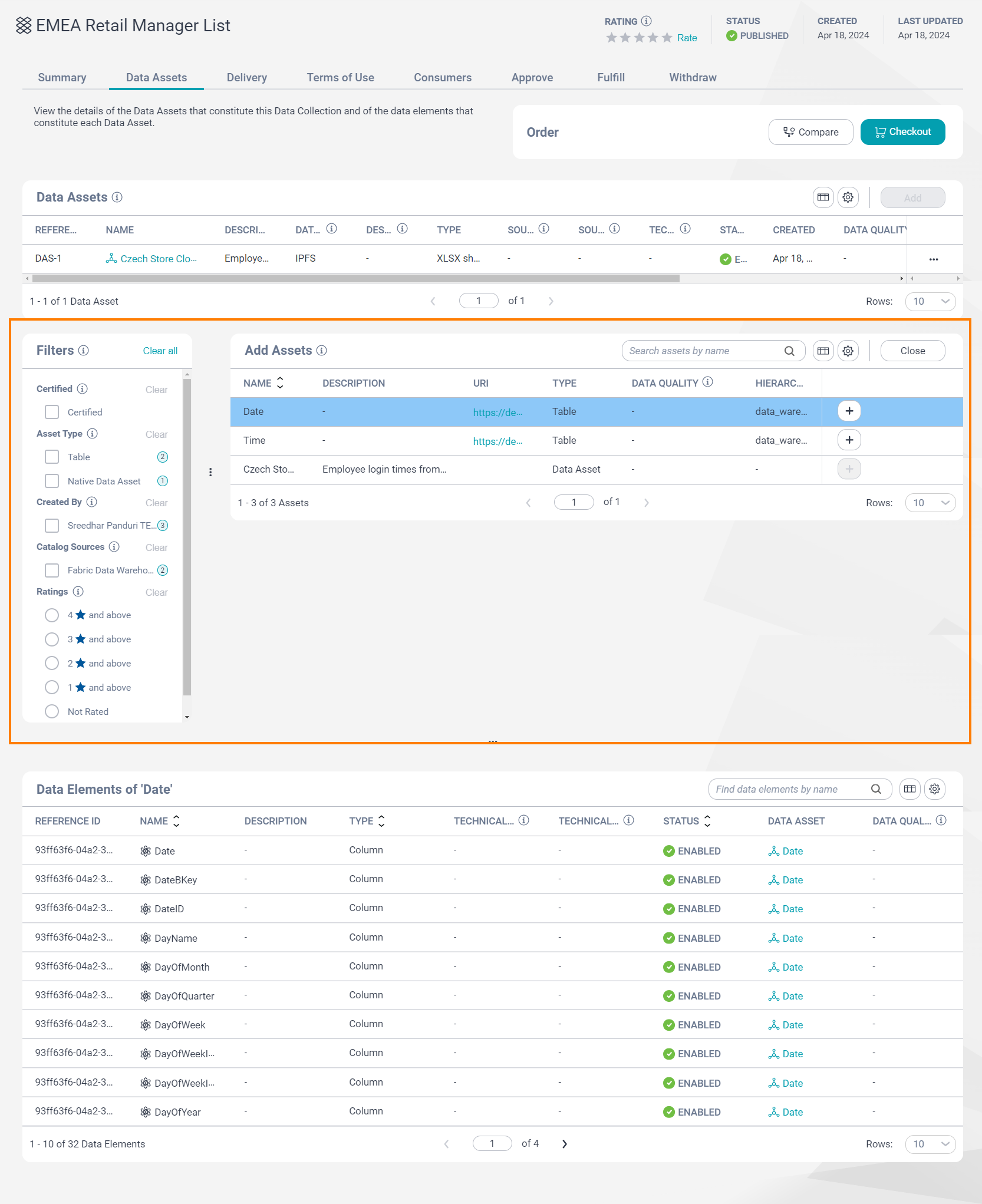 Image depicting the Data Assets tab on a data collection page. The Add Assets section is encircled.
