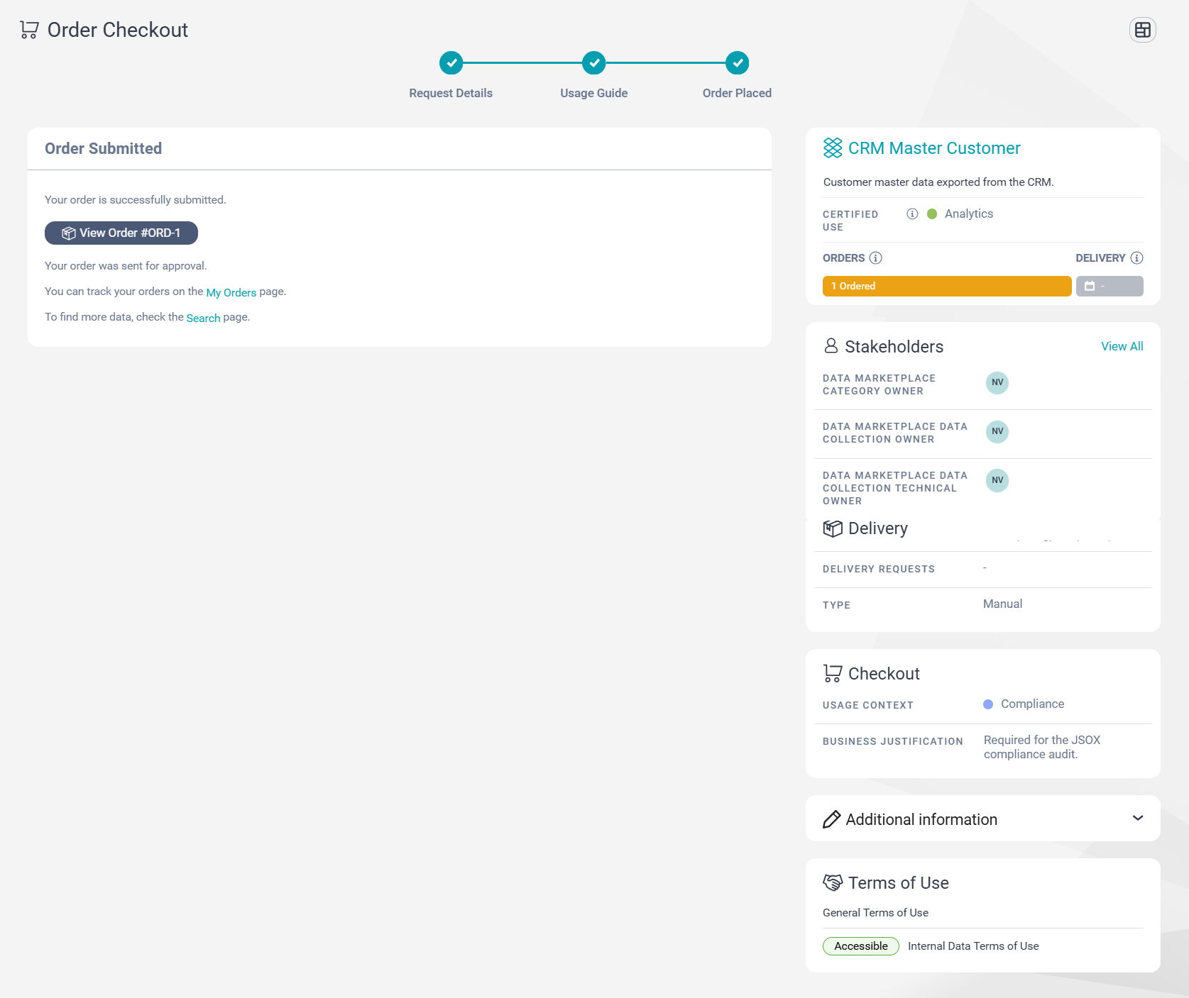 Image depicting the Order Placed page of the Order Checkout wizard. A sample order is submitted.