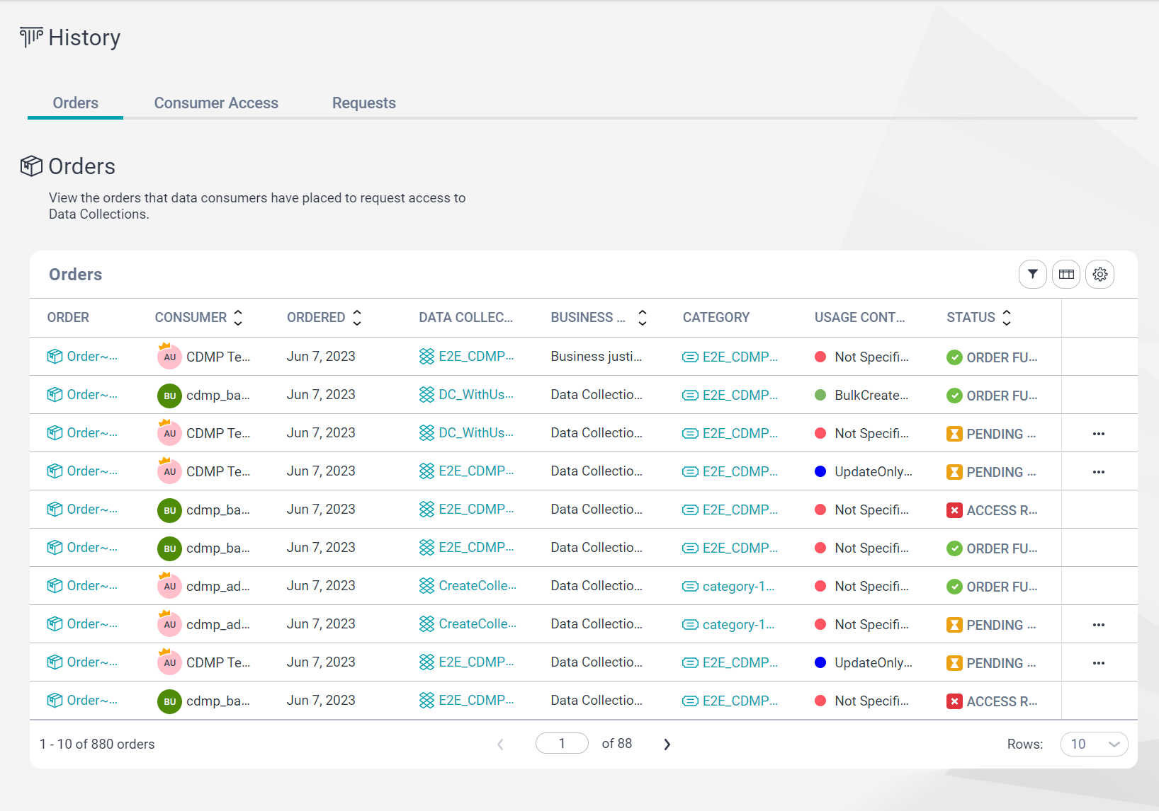 Image depicting the Orders tab on the History page.