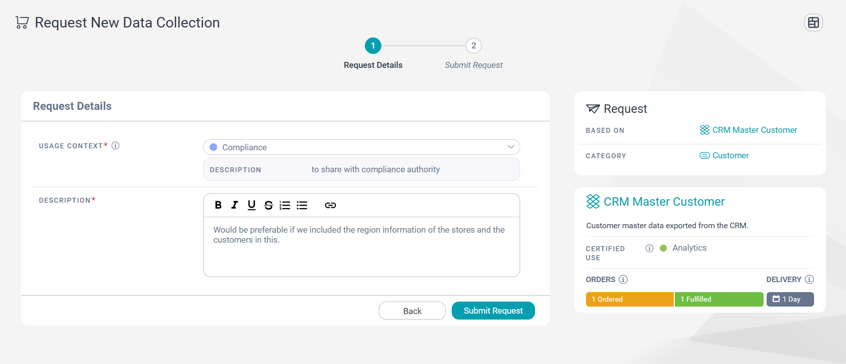 Image depicting the Request Details page of the Request New Data Collection wizard.