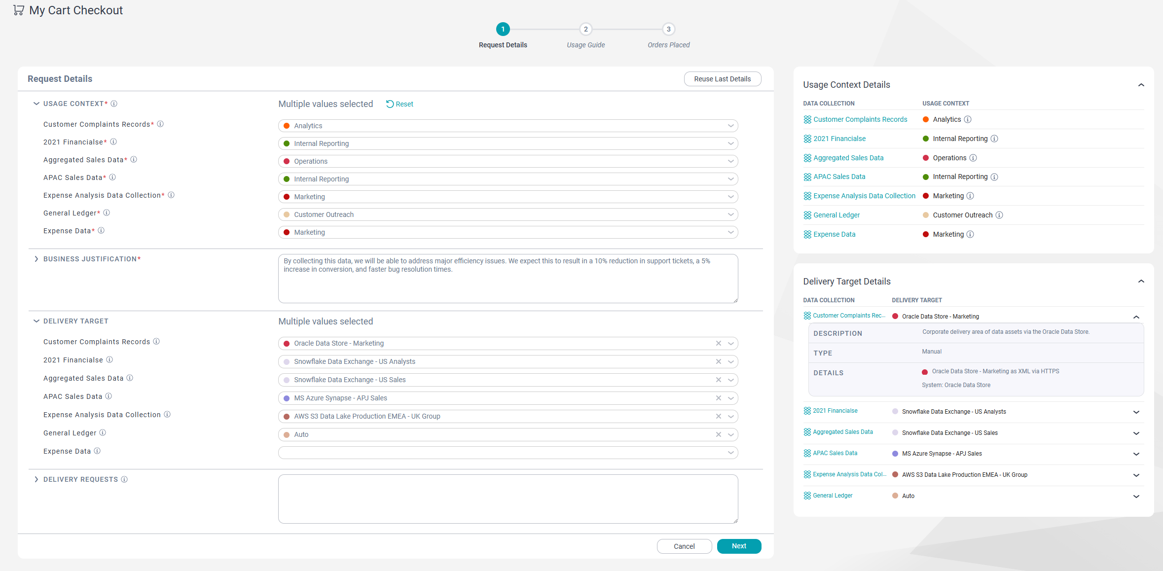The Request Details page of the My Cart Checkout wizard. The Usage Context and the Delivery Target fields are expanded.