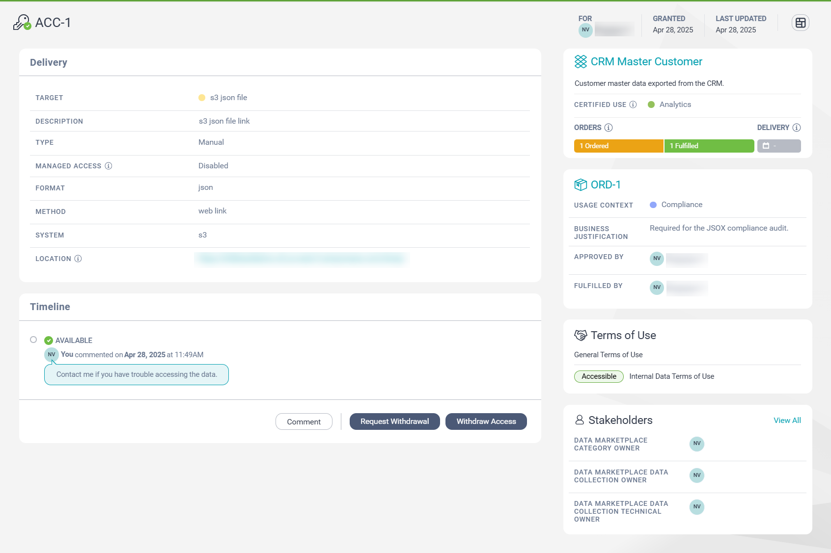 The details page of a sample consumer access that is in Available state.