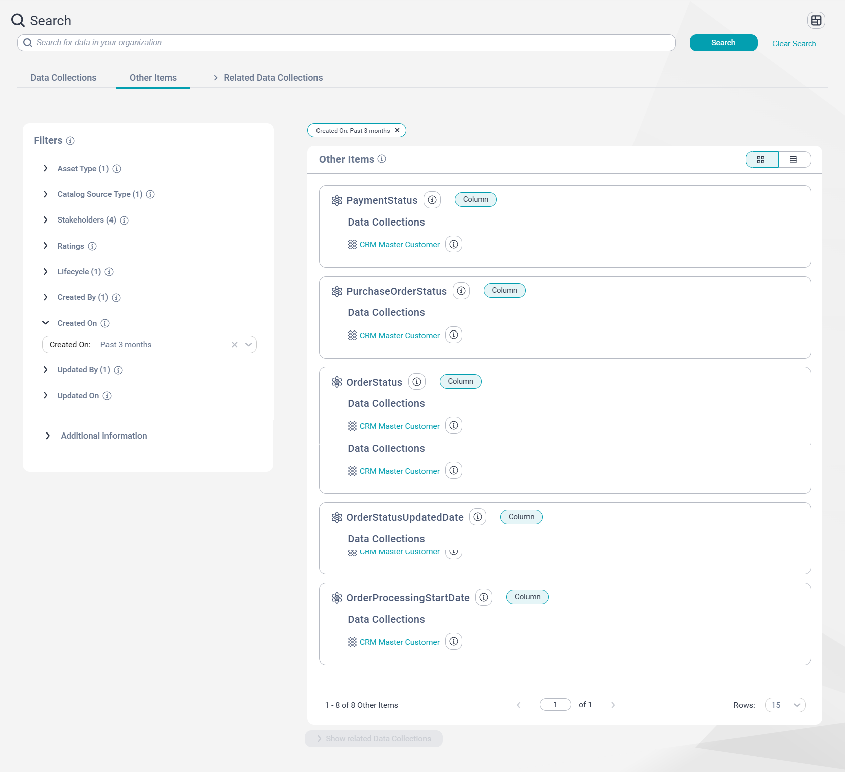 The Other Items tab on the Search page. The tab displays the data assets and data elements that match the Created On filer. The Show related Data Collections button is disabled.