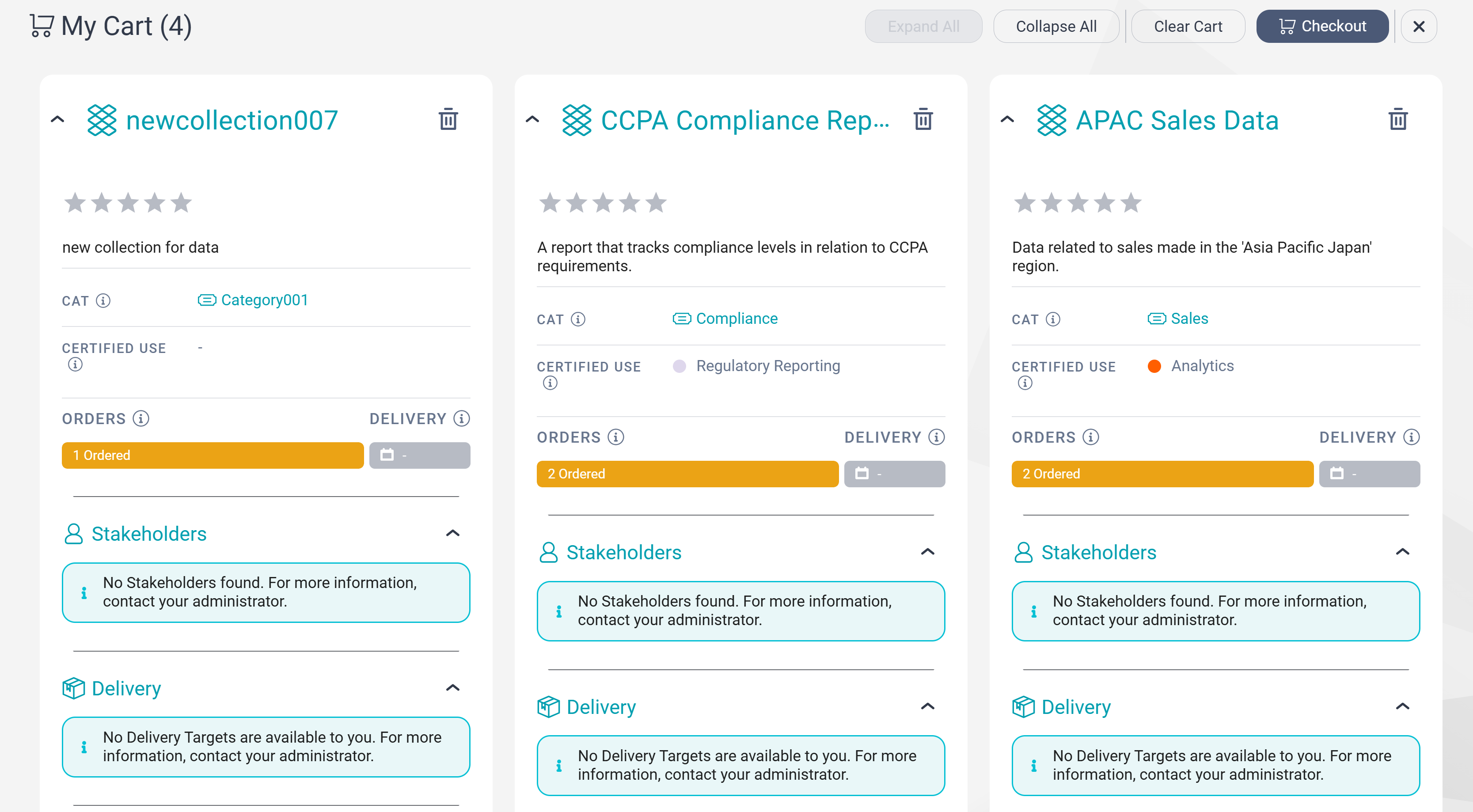 The My Cart page showing a count of four data collection in the cart. Three data collections are expanded.