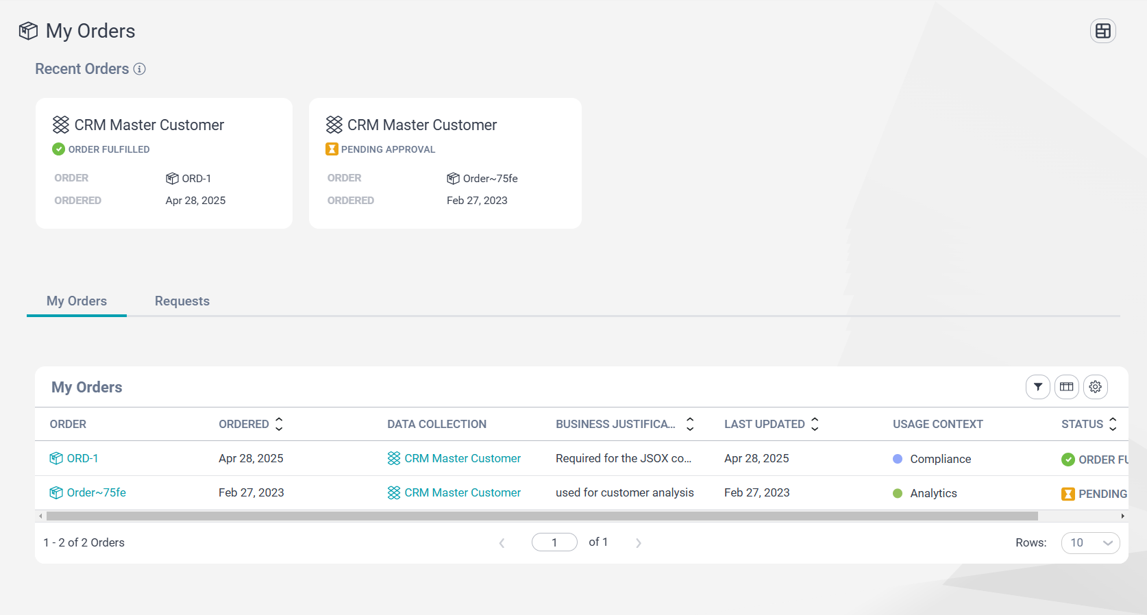Image depicting the Orders grid on the My Orders page.