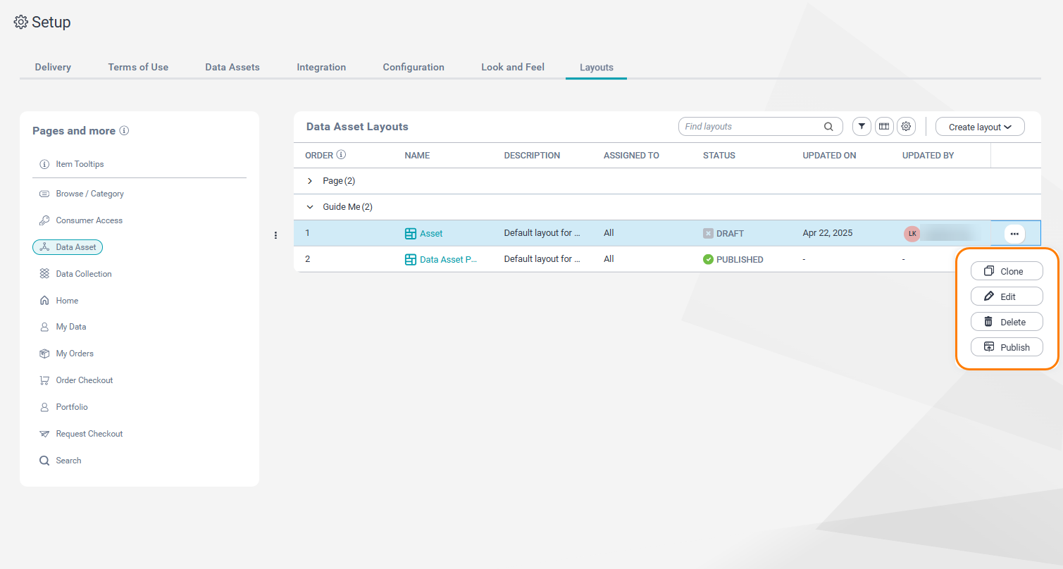 The Layouts tab on the Setup page. A custom Guide Me panel layout for a data asset page is selected. The action menu is expanded. The menu options, Clone, Edit, Delete and Publish are highlighted.