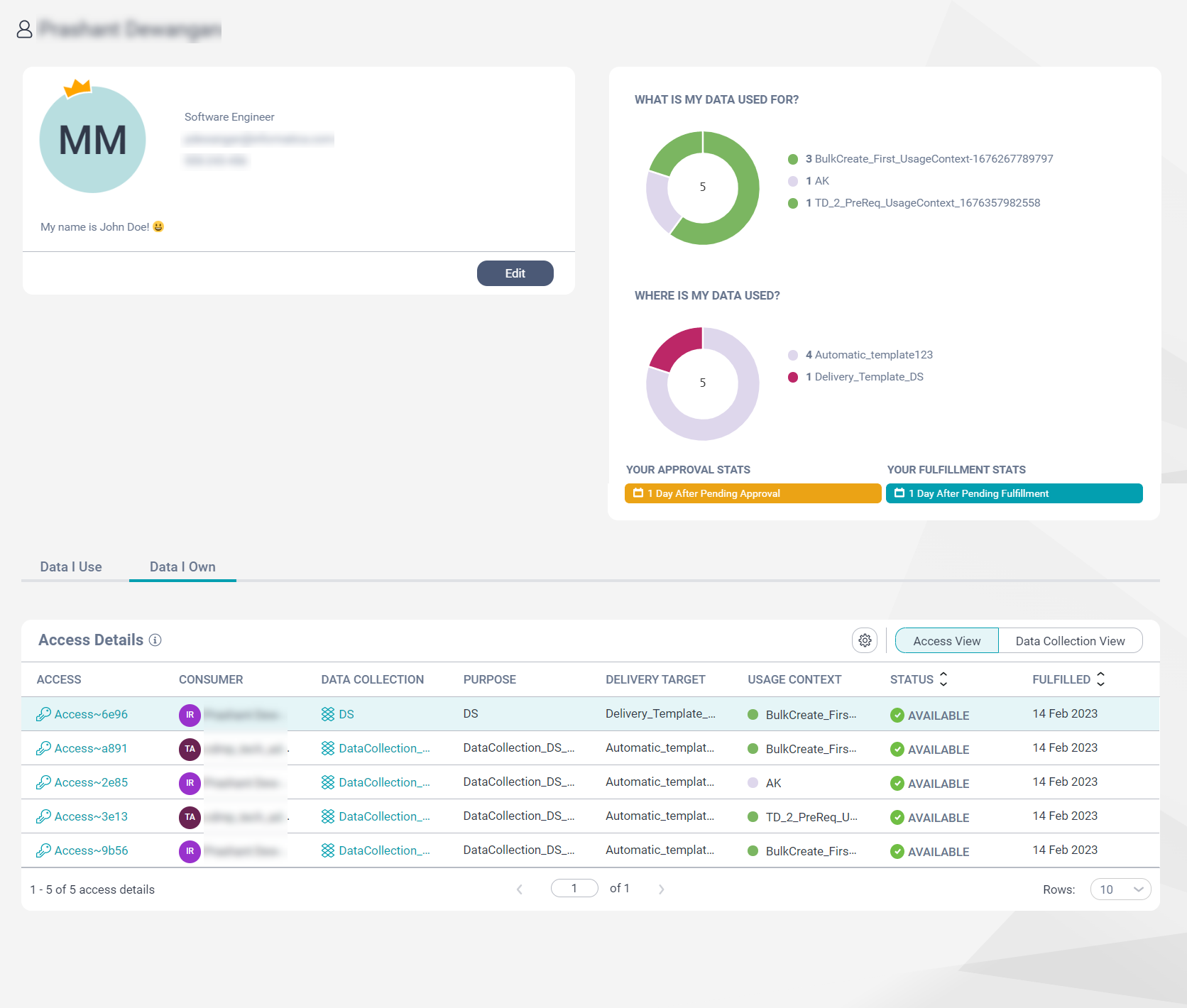 Image depicting the My Data page of a data owner. The crown on the avatar indicates that the user is a star owner.